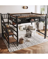 Streamdale Furniture Queen Size Metal Loft Bed with Storage Stairs and Bookshelf