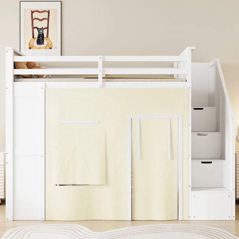 Streamdale Furniture Twin Loft Bed with Desk, Lockers, Drawers, Storage Stairs, and Curtain