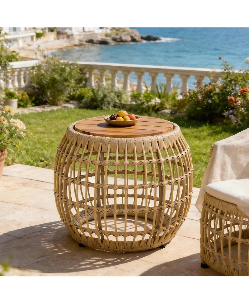 Streamdale Furniture Acacia Wood and Wicker Round Outdoor Side Table - 16.15"