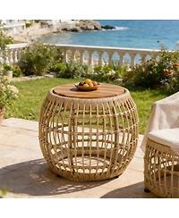 Streamdale Furniture Acacia Wood and Wicker Round Outdoor Side Table - 16.15"