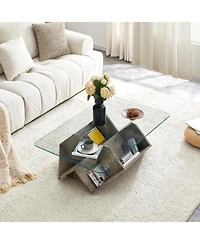 Rainsken 43.5" Glass Coffee Table with Tempered Glass Top and Wood Base, Multi-Storage Open Compartments Coffee Table for Living Room Office