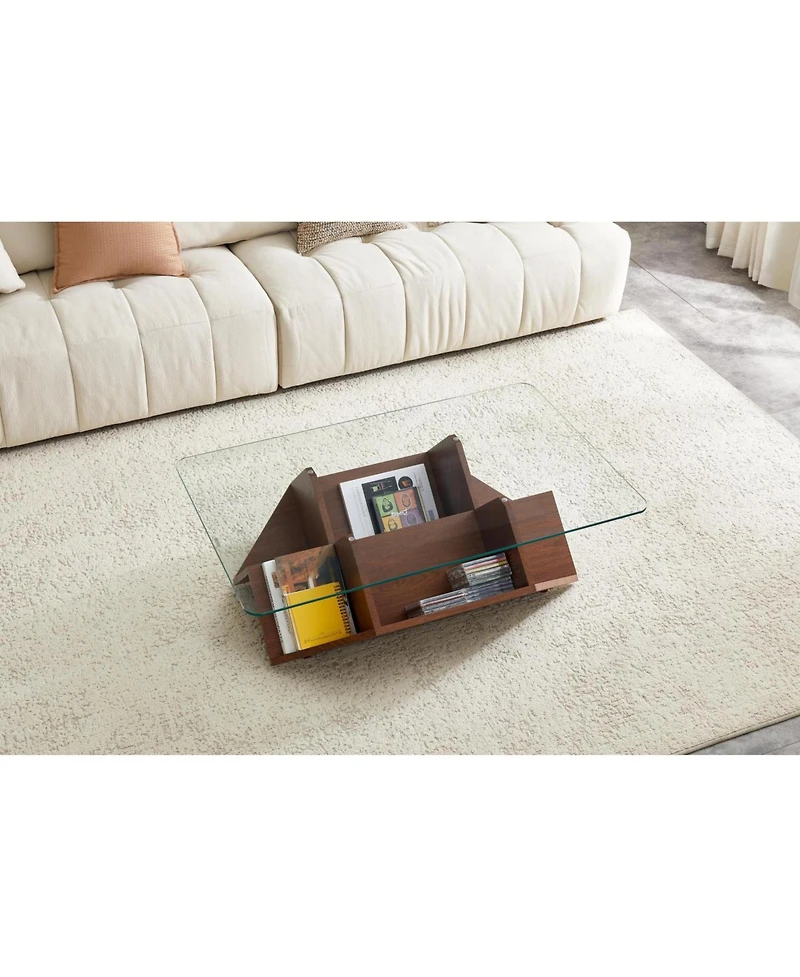 Rainsken 43.5" Glass Coffee Table with Tempered Top and Wood Base, Multi-Storage Open Compartments for Living Room Office