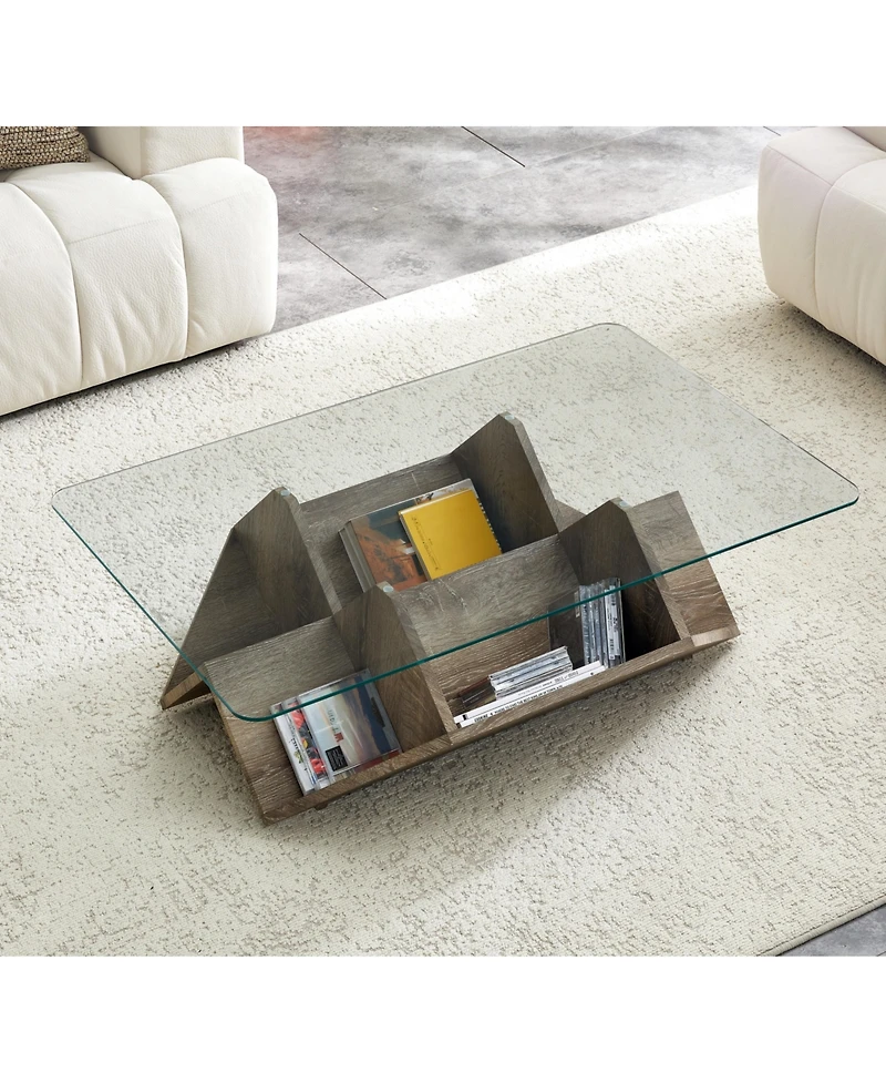 Rainsken 43.5" Glass Coffee Table with Tempered Glass Top and Wood Base, Multi-Storage Open Compartments Coffee Table for Living Room Office