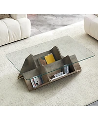Rainsken 43.5" Glass Coffee Table with Tempered Glass Top and Wood Base, Multi-Storage Open Compartments Coffee Table for Living Room Office