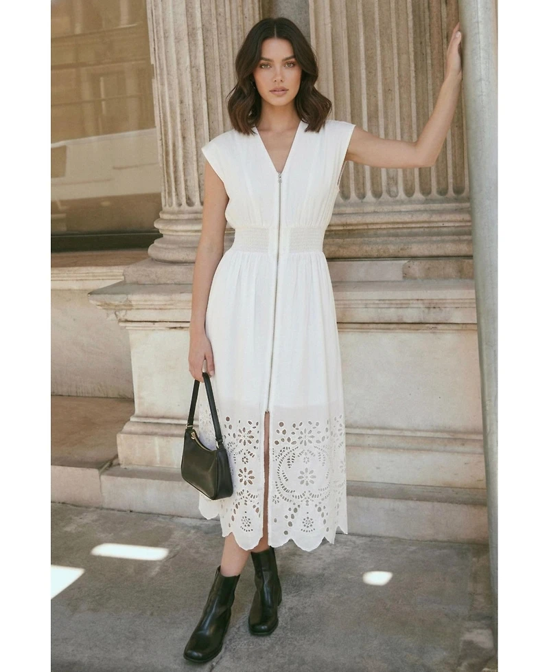Modenaire Women's Cap-Sleeve Smocked-Waist Eyelet-Hem Dress