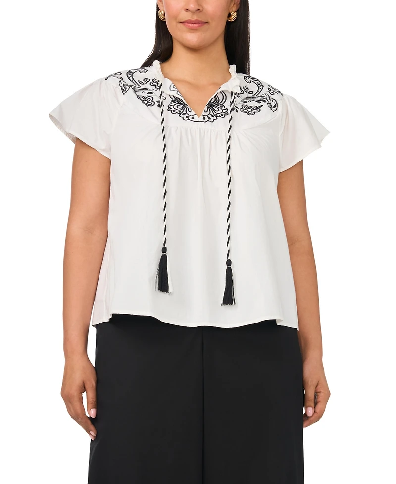 Vince Camuto Plus Flutter-Sleeve Split Neck Front Yoke Blouse
