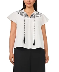 Vince Camuto Plus Flutter-Sleeve Split Neck Front Yoke Blouse