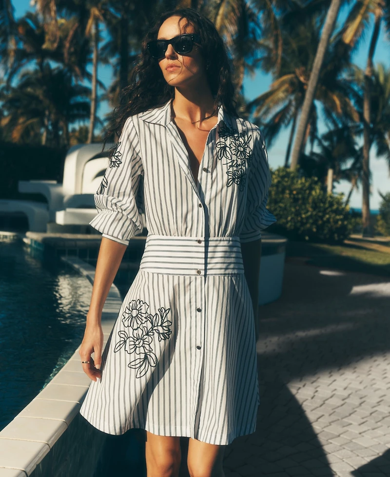 Karl Lagerfeld Paris Women's Poplin Short-Sleeve Collared Striped Cotton Dress