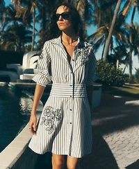 Karl Lagerfeld Paris Women's Poplin Short-Sleeve Collared Striped Cotton Dress
