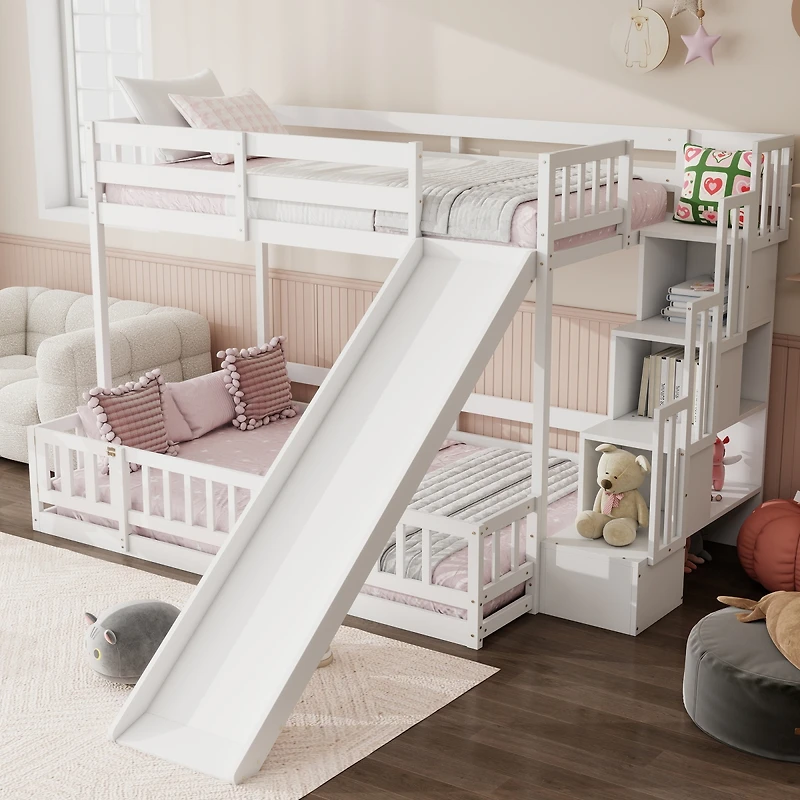 Streamdale Furniture Twin Over Full Bunk Bed with Slide and Storage Staircase