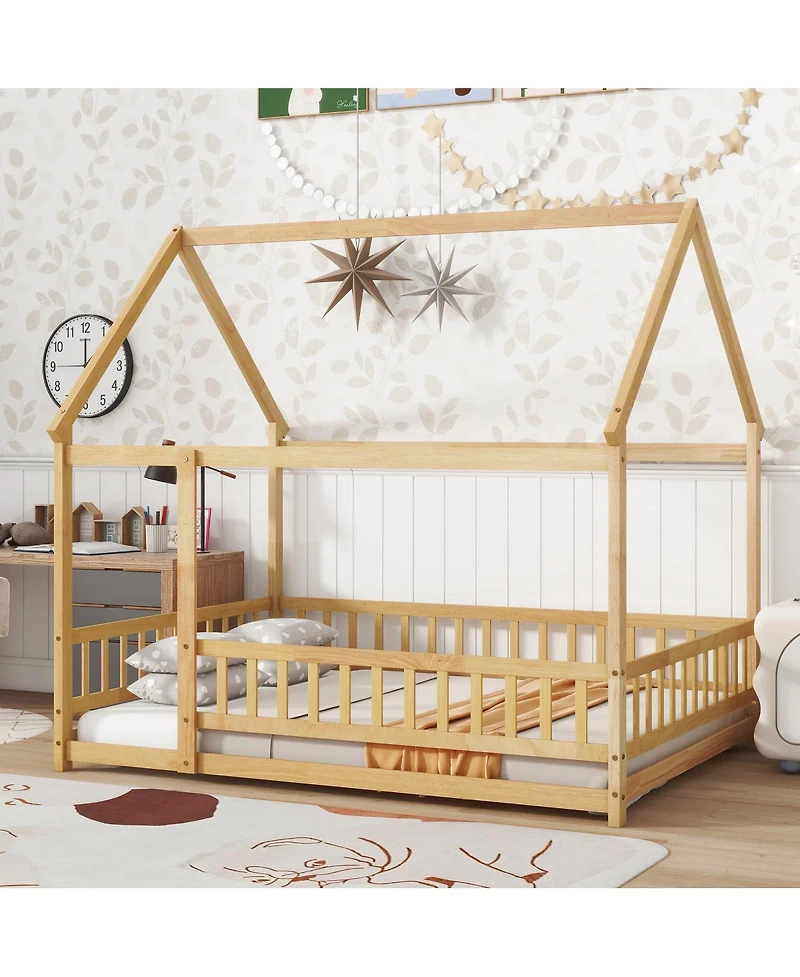 Streamdale Furniture Full Size House Floor Wooden Bed with Roof Frame, Safety Guardrails