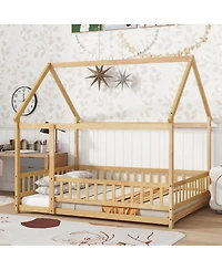 Streamdale Furniture Full Size House Floor Wooden Bed with Roof Frame, Safety Guardrails