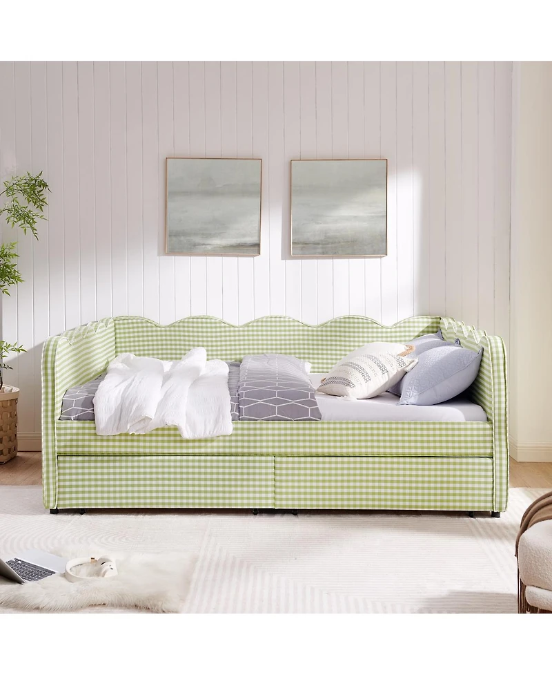 Streamdale Furniture Queen Size Gingham Daybed with Storage Drawers, Usb Port and Wave Headboard