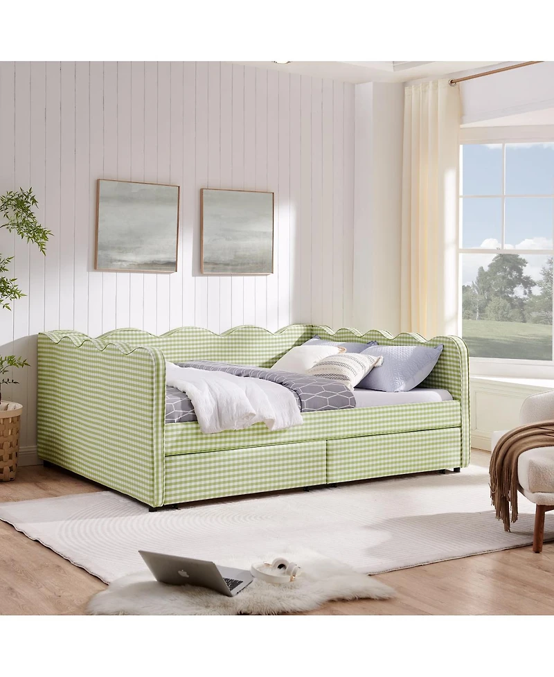 Streamdale Furniture Queen Size Gingham Daybed with Storage Drawers, Usb Port and Wave Headboard