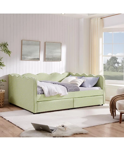Streamdale Furniture Queen Size Gingham Daybed with Storage Drawers, Usb Port and Wave Headboard