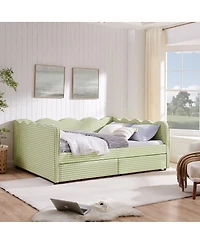 Streamdale Furniture Queen Size Gingham Daybed with Storage Drawers, Usb Port and Wave Headboard