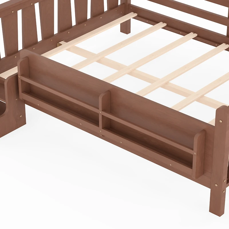 Streamdale Furniture Queen Size Solid Wood Floor Bed with Storage Bookcases and Stairs