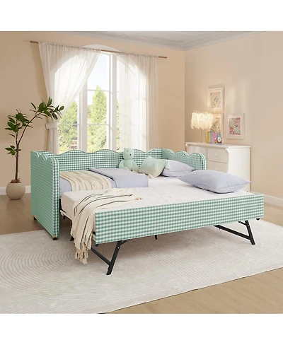 Streamdale Furniture Cozy Gingham Twin Daybed With Trundle, Usb Port, And Wave-Shaped Backrest