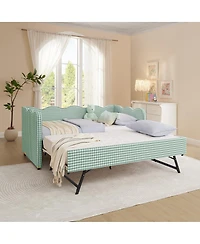 Streamdale Furniture Cozy Gingham Twin Daybed With Trundle, Usb Port, And Wave-Shaped Backrest