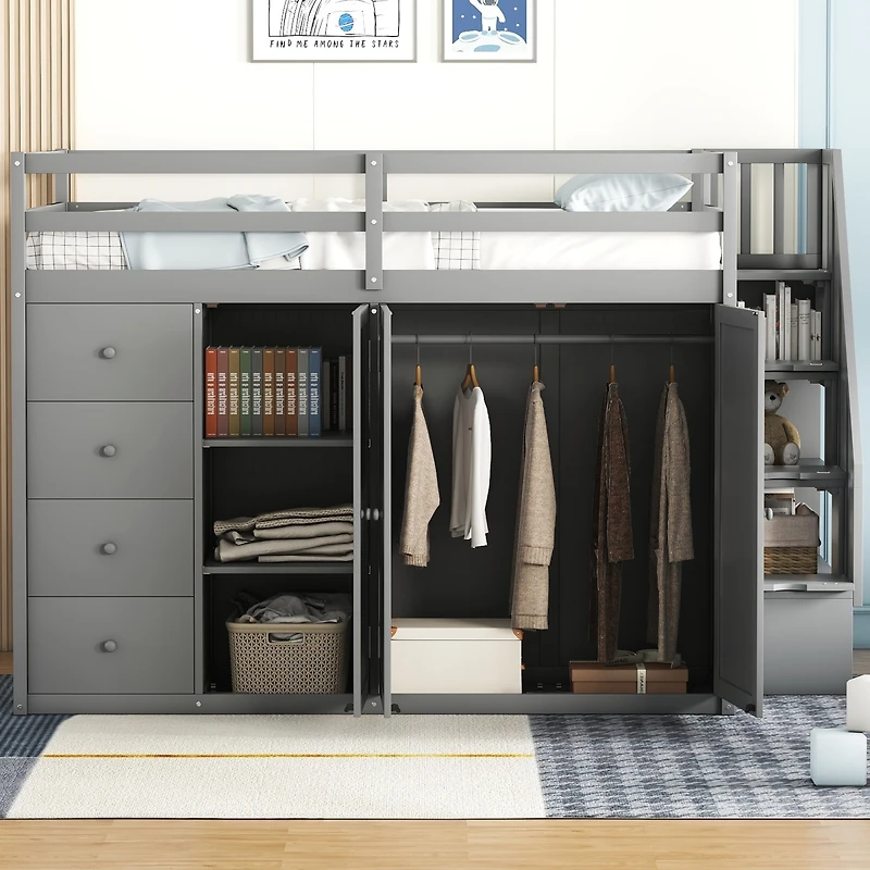 Streamdale Furniture Full Size Wood Loft Bed With Built-in Wardrobes, Cabinets and Drawers