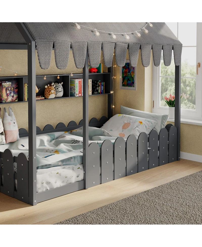 Streamdale Furniture Twin Montessori House Bed with Fence, Storage and Lights