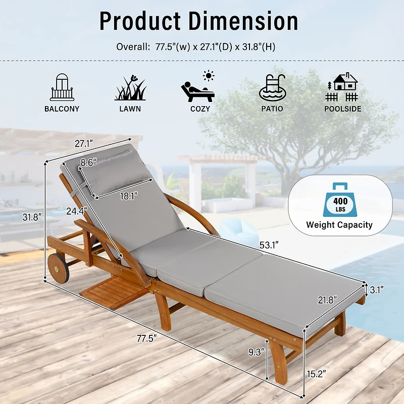Streamdale Furniture 77.5" Adjustable Acacia Wood Outdoor Lounge Chair with Cushions and Side Tray