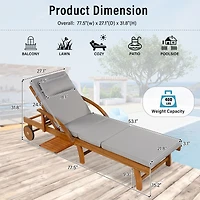Streamdale Furniture 77.5" Adjustable Acacia Wood Outdoor Lounge Chair with Cushions and Side Tray