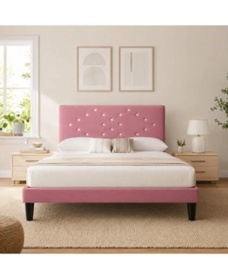Homfan Tufted Upholstered Platform Bed With Crystal Style Diamond Headboard Quiet Wood Slat Support Under Bed Storage No Box Spring Needed
