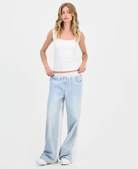 Madden Girl Juniors' Mixed-Media Wide-Leg Sweatpant Jeans