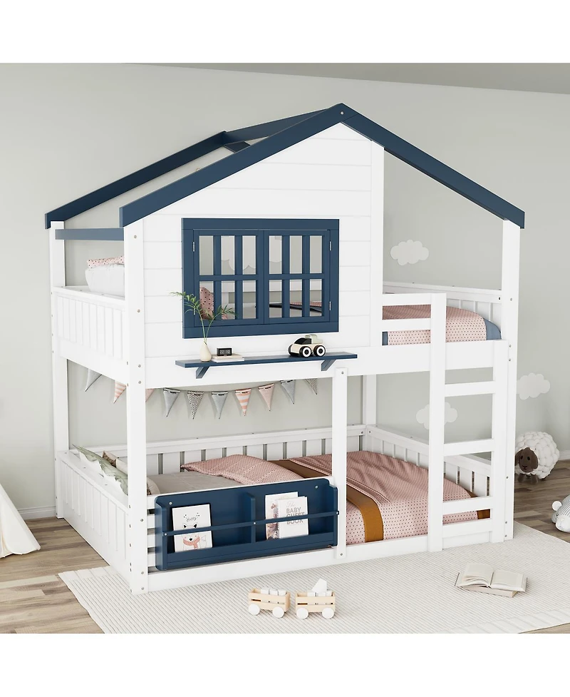 Streamdale Furniture Full Size House Bunk Bed with Bookshelf and Safety Fencing
