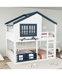 Streamdale Furniture Full Size House Bunk Bed with Bookshelf and Safety Fencing