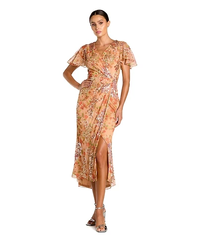Mac Duggal Women's Printed Mesh Flutter Sleeve Faux Wrap Midi Dress
