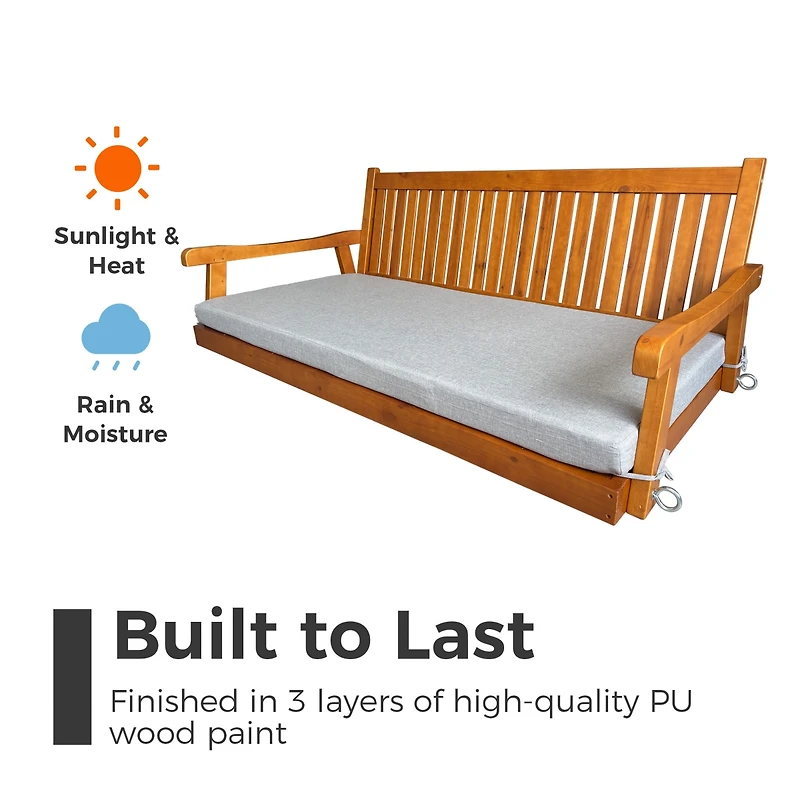 Innovaze 6 Feet Wooden Porch Swing Bed with Thick Cushion – Outdoor Hanging Daybed for Patio or Porch, Solid Fir Wood Frame, Weather-Resistan