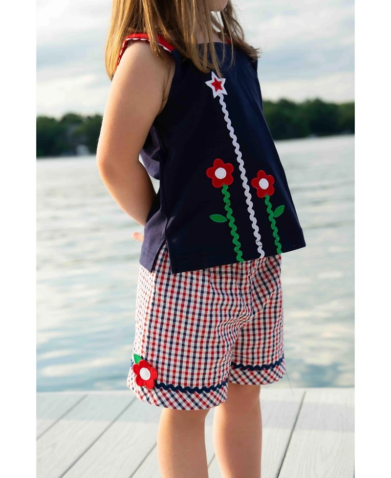 Florence Eiseman Big Girls Plaid Seersucker Shorts With Ric Rac and Flowers