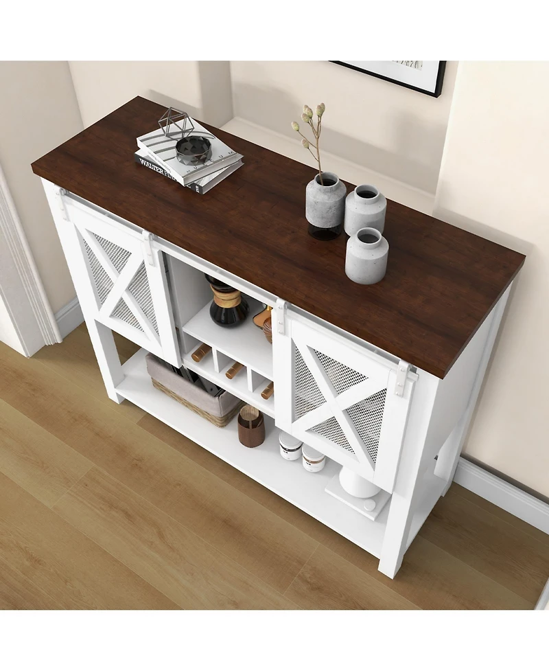 homfan Bar Cabinet with Sliding Barn Mesh Door, Detachable Wine Rack and Removable Stemware Holder, Multi-Purpose Sideboard or Coffee Bar Storage