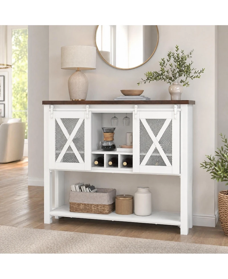 homfan Bar Cabinet with Sliding Barn Mesh Door, Detachable Wine Rack and Removable Stemware Holder, Multi-Purpose Sideboard or Coffee Bar Storage