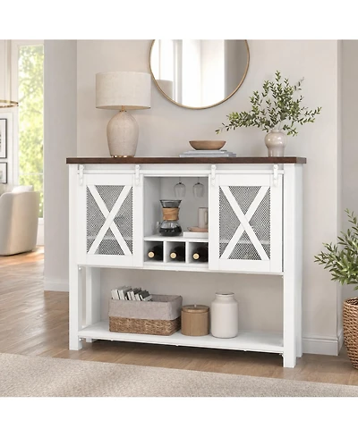 homfan Bar Cabinet with Sliding Barn Mesh Door, Detachable Wine Rack and Removable Stemware Holder, Multi-Purpose Sideboard or Coffee Bar Storage