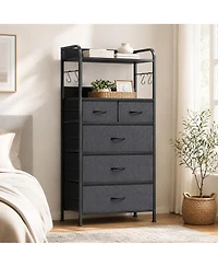 homfan Slim Vertical Storage Dresser with Fabric Drawers, Open Shelves and Removable Hooks, Steel Frame and Easy-Clean Top, Anti-Tip Ready