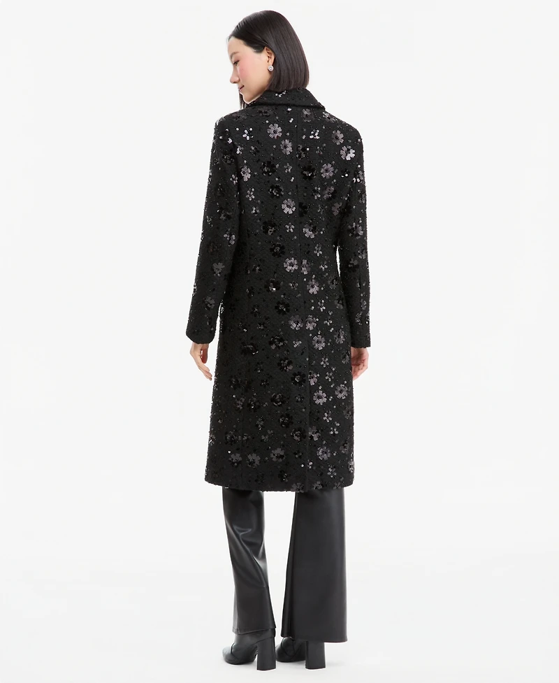 CeCe Women's Sequin Floral Notch-Collar Coat, Created for Macy's