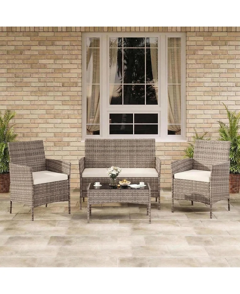 homfan Patio Furniture Set 4 Piece Outdoor Conversation Set, All Weather Wicker Rattan Chairs with Cushions and Glass Top Storage Coffee Table