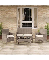 homfan Patio Furniture Set 4 Piece Outdoor Conversation Set, All Weather Wicker Rattan Chairs with Cushions and Glass Top Storage Coffee Table