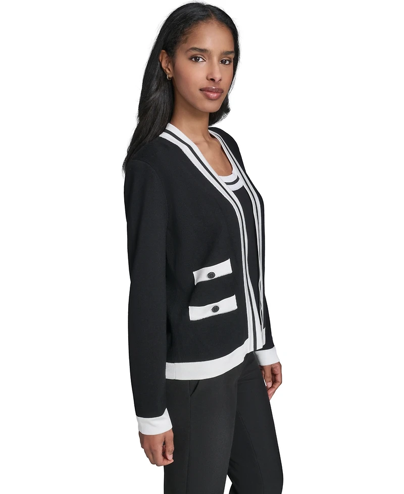Karl Lagerfeld Paris Petite Open-Front Long-Sleeve Knit Cardigan with Contrast Trim