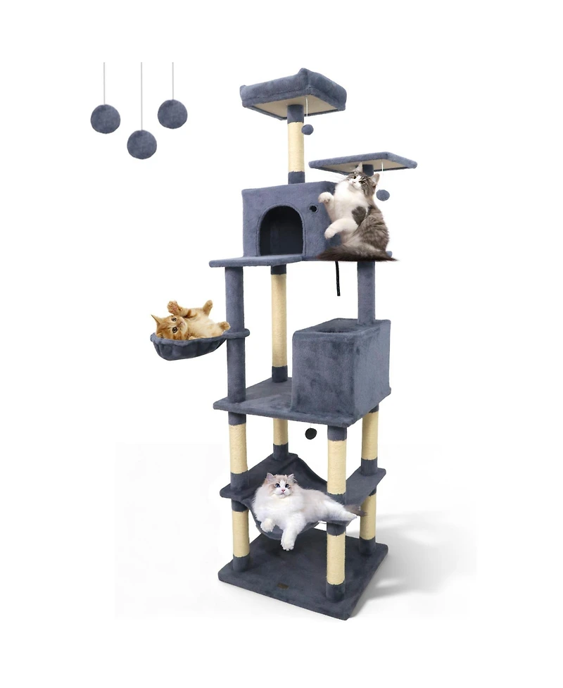 Gymax Tall Cat Tree 2 Condos Sisal Scratching Posts Plush Perch Hammock Basket