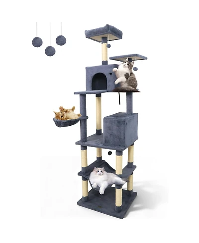 Gymax Tall Cat Tree 2 Condos Sisal Scratching Posts Plush Perch Hammock Basket