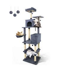 Gymax Tall Cat Tree 2 Condos Sisal Scratching Posts Plush Perch Hammock Basket
