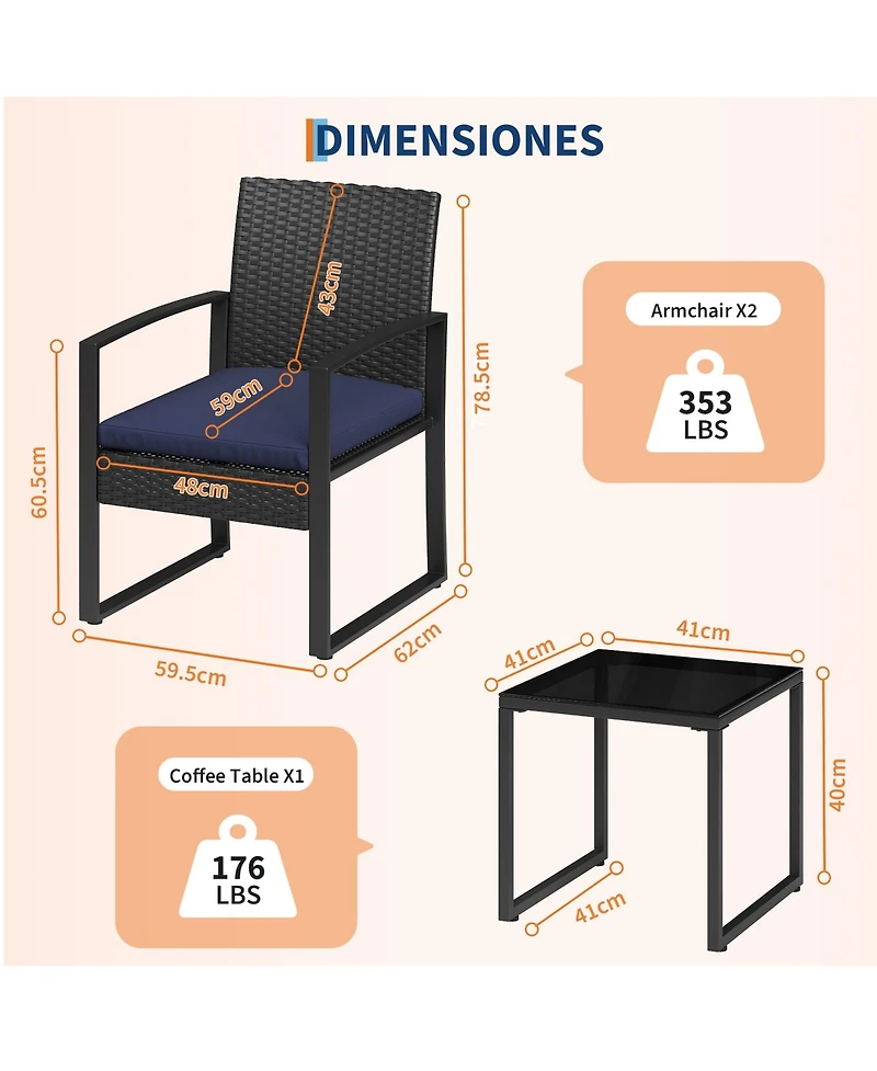 homfan 3 Piece Patio Bistro Set – Outdoor Wicker Furniture with Tempered Glass Coffee Table – Pe Rattan Conversation Set for Patio, Garden, Balcony