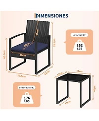 homfan 3 Piece Patio Bistro Set – Outdoor Wicker Furniture with Tempered Glass Coffee Table – Pe Rattan Conversation Set for Patio, Garden, Balcony