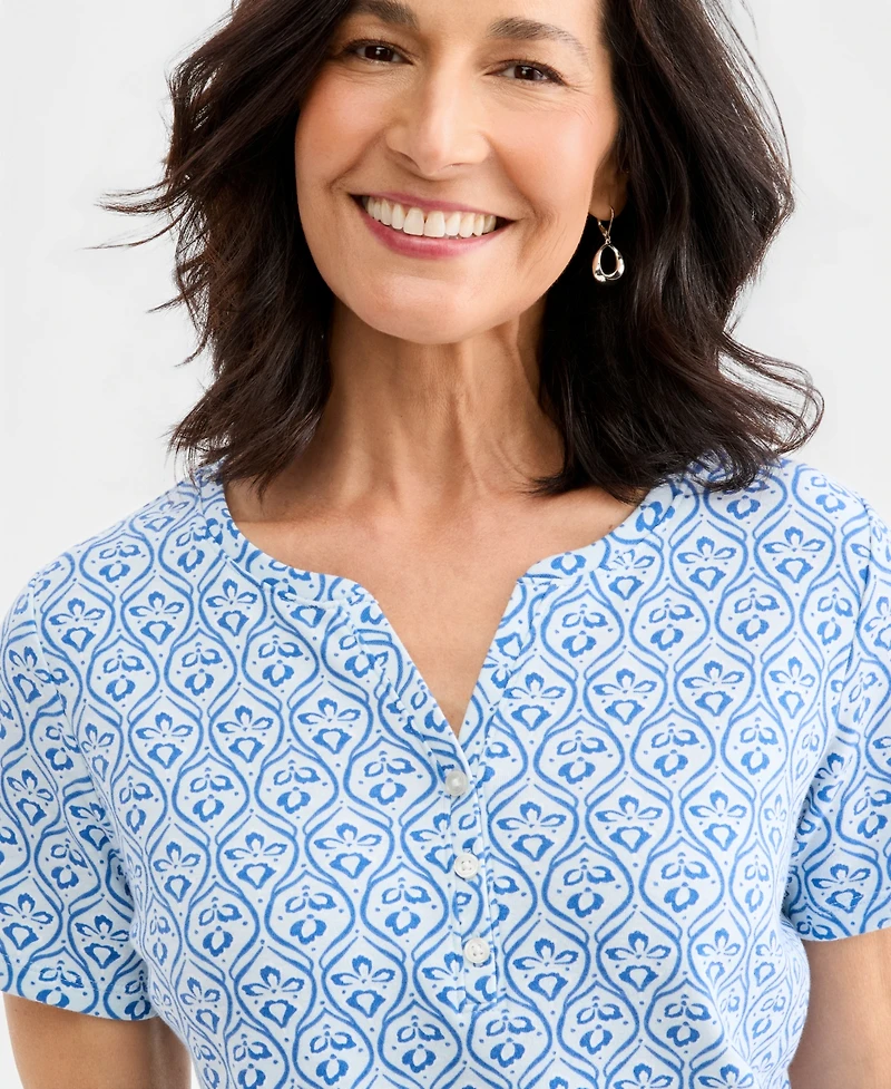 Style & Co Women's Printed Short-Sleeve Henley Top, Macy's Exclusive