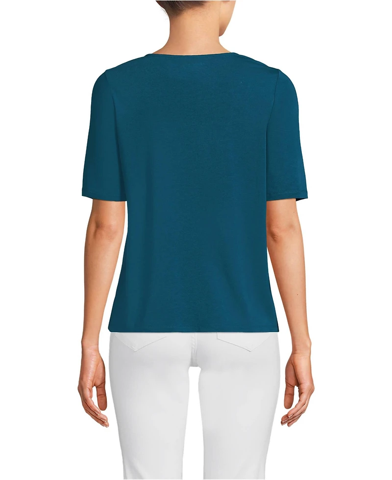 Lands' End Women's Elbow Sleeve Lightweight Jersey Pintuck Square Neck Top
