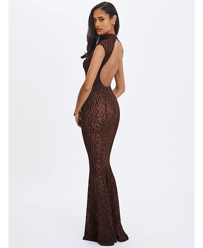 Miss Circle Women's Tyanna Mocha Burnout Velvet Mesh Backless Mermaid Maxi Dress